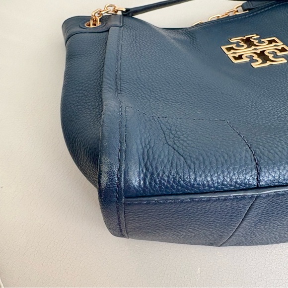 Tory Burch Britten Small Slouchy Tote in Blue/Teal with Gold Chain Strap - Picture 11 of 13